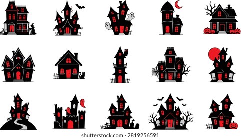 Spooky Halloween Haunted House vector collection featuring unique haunted mansion designs in a clean flat style. Isolated on a white background, perfect for invitations, clipart, stickers, posters, crafts, and print or digital Halloween projects.