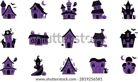Spooky Halloween Haunted House vector collection featuring unique haunted mansion designs in a clean flat style. Isolated on a white background, perfect for invitations, clipart, stickers, posters, crafts, and print or digital Halloween projects.