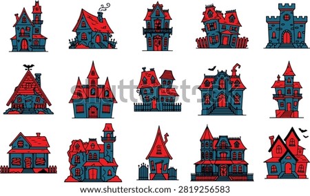 Spooky Halloween Haunted House vector collection featuring unique haunted mansion designs in a clean flat style. Isolated on a white background, perfect for invitations, clipart, stickers, posters, crafts, and print or digital Halloween projects.