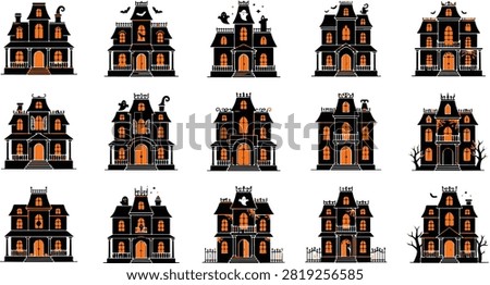 Spooky Halloween Haunted House vector collection featuring unique haunted mansion designs in a clean flat style. Isolated on a white background, perfect for invitations, clipart, stickers, posters, crafts, and print or digital Halloween projects.