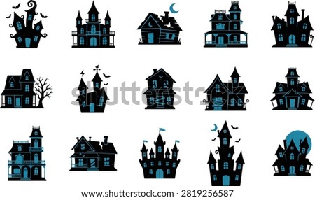 Spooky Halloween Haunted House vector collection featuring unique haunted mansion designs in a clean flat style. Isolated on a white background, perfect for invitations, clipart, stickers, posters, crafts, and print or digital Halloween projects.