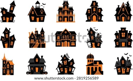 Spooky Halloween Haunted House vector collection featuring unique haunted mansion designs in a clean flat style. Isolated on a white background, perfect for invitations, clipart, stickers, posters, crafts, and print or digital Halloween projects.