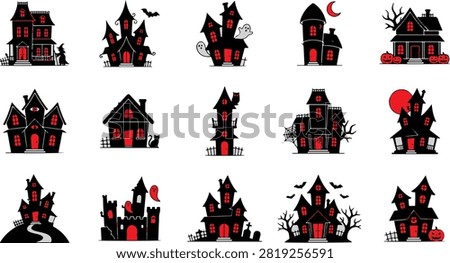 Spooky Halloween Haunted House vector collection featuring unique haunted mansion designs in a clean flat style. Isolated on a white background, perfect for invitations, clipart, stickers, posters, crafts, and print or digital Halloween projects.