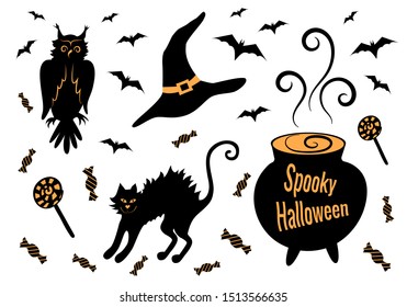 Spooky Halloween holiday decoration set: owl, black cat, cauldron with potion, witch hat, bats and sweets. Black silhouette. Isolated objects on a white background.