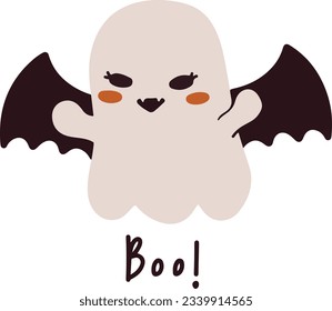 Spooky halloween holiday hand drawn vector illustration of cute ghost sticker for children trick or treat