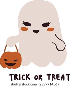 Spooky halloween holiday hand drawn vector illustration of cute ghost sticker for children trick or treat