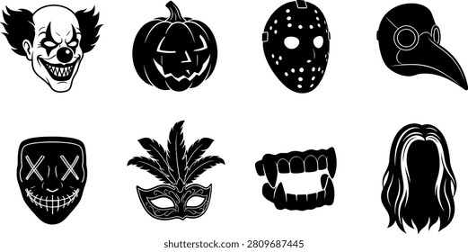 A spooky Halloween and horror themed icon set featuring a scary clown, jack o lantern pumpkin, plague doctor mask, vampire fangs, and elegant masquerade mask.