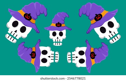 Espeluznante Ilustración vectorial de cráneo humano de halloween. cráneo humano con sombrero de mago.