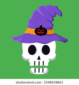 Spooky halloween human skull vector illustration. human skull with wizard hat.