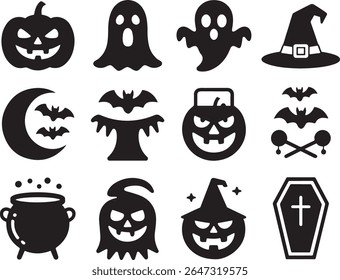 Spooky Halloween Icon Collection Featuring Pumpkins, Ghosts, Bats, Witch Hats, a Cauldron, and a Coffin in Black and White
