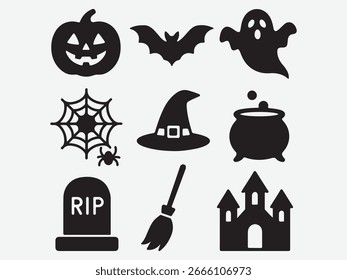 Una espeluznante colección de íconos de Halloween que incluye calabaza, fantasma, Web de araña, murciélago y Elementos embrujados para diseños de temporada.