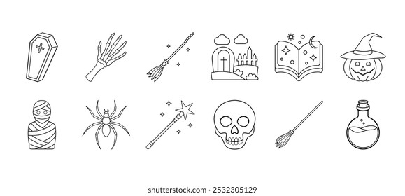 Spooky Halloween Icon Pack Black and White Outline Set for Coloring Books and Haunted Themes