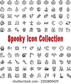 Spooky Halloween Icon Set Collection with Black Horror Doodles