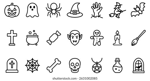 Spooky Halloween Icon Set featuring a variety of ghostly figures and scary symbols in black and white minimal style