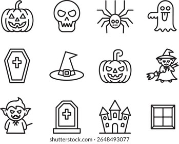 Spooky Halloween Icon Set Featuring Classic Imagery of Pumpkins Ghosts and Other Symbols of the Holiday Season in Black and White