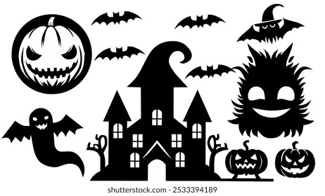 A spooky Halloween icon set with a haunted house, bats, pumpkins, ghosts, and a creepy smiling face