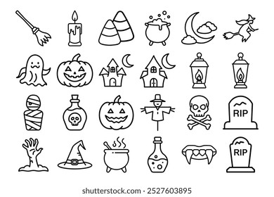 Espeluznante conjunto de iconos de Halloween con calabazas, fantasmas, murciélagos y Objetos embrujados para Diseños festivos