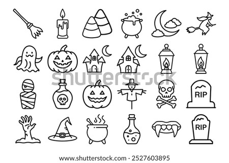 Spooky Halloween Icon Set With Pumpkins, Ghosts, Bats, and Haunted Objects for Festive Designs