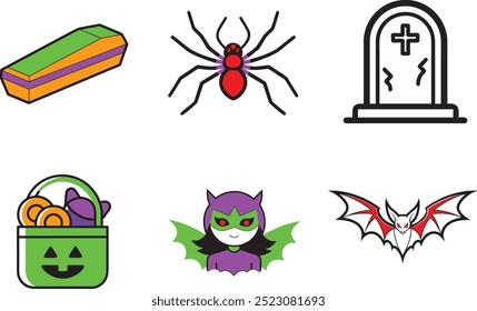 Spooky Halloween Icons Bundle: Bad Girl, Candy, Coffin, Spider, Grave, and Bat