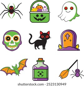 Spooky Halloween Icons Bundle Bad Girl, Candy, Coffin, Spider, Grave, black cat and Bat.