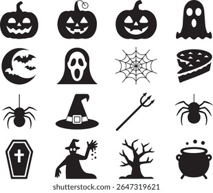 Spooky Halloween Icons Collection An Assortment of Classic Halloween Imagery with Pumpkins Ghosts and Other Traditional Horror Elements