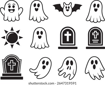 Spooky Halloween Icons A Collection of Ghosts Bats Tomestones and Suns Creating a Playful and Festive Design for Decoration