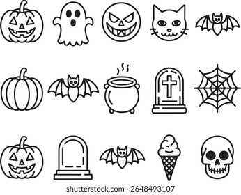 Spooky Halloween Icons A Collection of Pumpkins Ghosts Bats Gravestones Cats and More in a Black and White Graphic Design