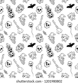 spooky halloween icons or elements in seamless pattern on white background