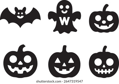 Spooky Halloween Icons Featuring a Bat, a Ghost with a Letter, and Carved Pumpkins with Ghoulish Expressions