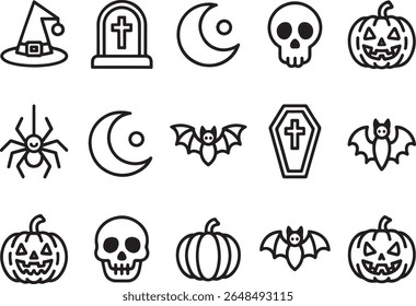 Spooky Halloween Icons Featuring Classic Imagery of the Holiday with Simple Line Art Style and Traditional Motifs Represented