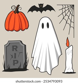 Spooky Halloween icons featuring a ghost, bat, pumpkin, gravestone, spider web, and candle. Perfect for Halloween party invitations, decorations, and seasonal designs