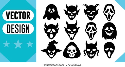 Ícones de halloween assustador fantasma diabo bruxa crânio grito máscara