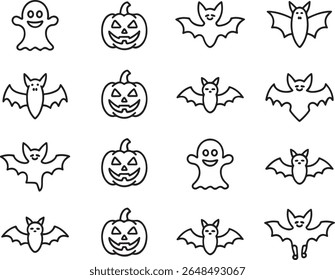 Spooky Halloween Icons Line Art Featuring Ghosts, Bats, and Pumpkins Festive Halloween Themed Designs
