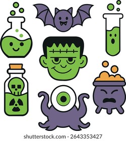 Spooky Halloween Icons with Potions and Monsters