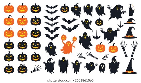 Spooky Halloween Icons Set Featuring Pumpkins Ghosts Bats and Witch Hats for Festive Decorations