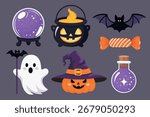 Spooky halloween icons set including ghost, cauldron, bat, candy, witch hat, pumpkin, crystal ball and potion