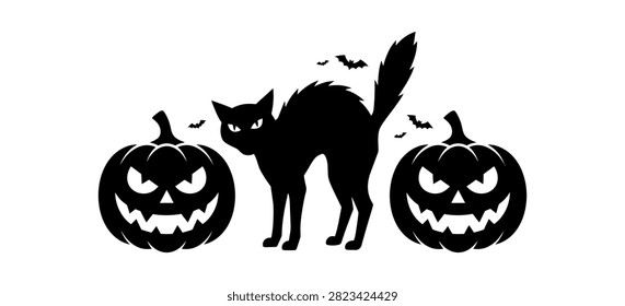 A spooky Halloween illustration featuring a black cat with an arched back standing between two carved jack-o'-lantern pumpkins with glowing eyes, isolated on a white background.