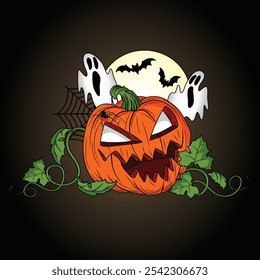 A spooky Halloween illustration featuring a creepy pumpkin, bats flying, two eerie ghosts, and a glowing moon in a dark night. Perfect for festive, horror-themed designs and seasonal decor