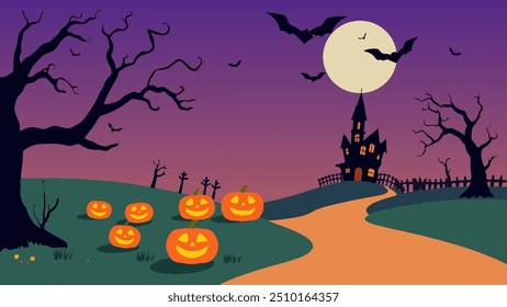 Spooky Halloween illustration featuring a haunted house, bats, and a full moon on a dark night