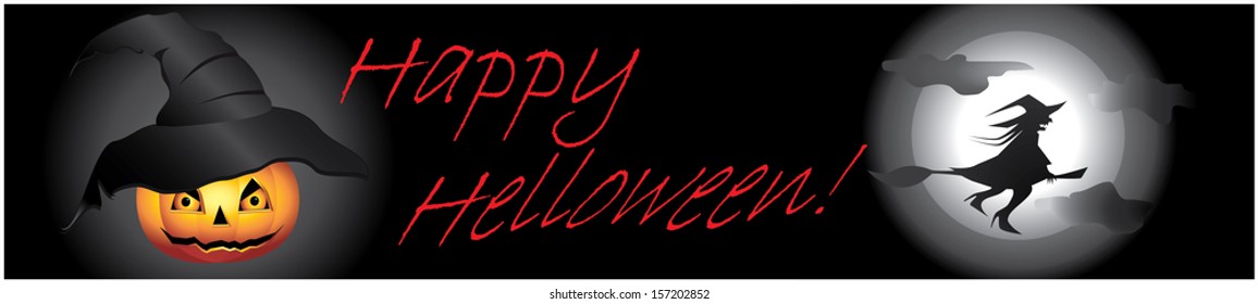 Spooky Halloween illustration featuring a scary pumpkin, a witch flying across the full moon, and a haunted background. Perfect for party invitations and seasonal designs.