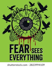 A spooky Halloween illustration featuring skeleton hands, a giant eye, and crows on a vibrant green background.