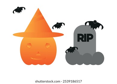 Spooky Halloween illustration featuring a vibrant pumpkin and eerie gravestone. Perfect for festive designs, fall decor, and Halloween art.