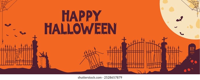 Spooky Halloween illustration with graveyard gate and full moon. Perfect for posters and banners.