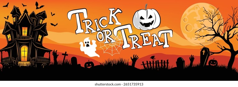 Ilustração de Halloween assustador com casa assombrada, fantasma, abóbora, morcegos, cemitério e lua cheia no céu laranja da noite.