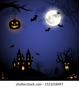 Spooky Halloween illustration with hounted castle, pumpkin lantern and evil tree in the moonlight vector