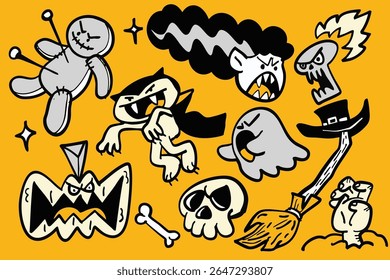 Um assustador halloween ilustrações com fantasmas, monstros e abóbora. perfeito para festivo