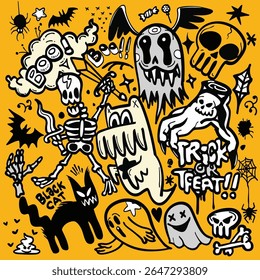 Ilustrações de halloween assustadoras com fantasmas, esqueletos e gato preto criam uma atmosfera divertida