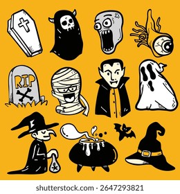 A spooky halloween illustrations featuring ghosts, monsters, and witch cauldron evoke playful