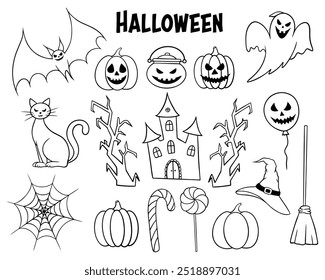 Spooky Halloween illustrations set in line art style. Graphic monochrome drawings collection. Hand drawn outline sketches, engraved doodle illustrations. For coloring book, invitation, decoration.