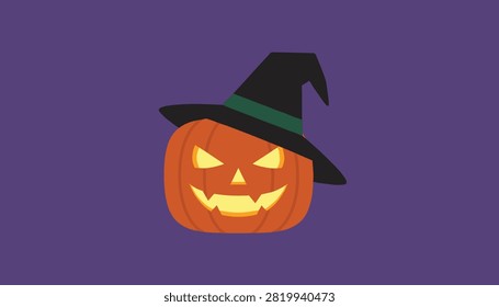 Spooky halloween jack o lantern pumpkin wearing a black witch hat with green band on a solid dark purple background.